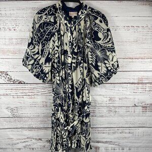 Ciebon Shirt Dress Womens XL Blue White Floral Pleated Kimono Belted Knee Length